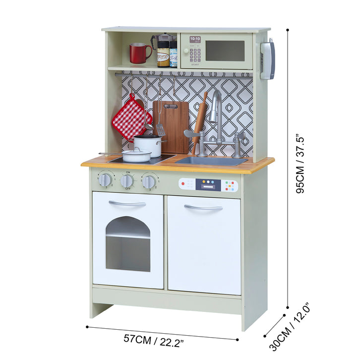 Dimensions in inches and centimeters measuring a green and white play kitchen for kids.