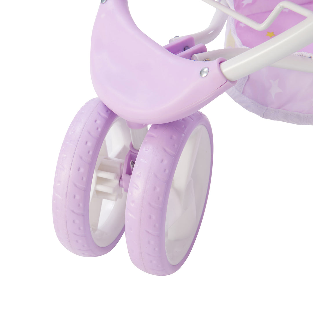 Close up image of the strollers spinning front wheel