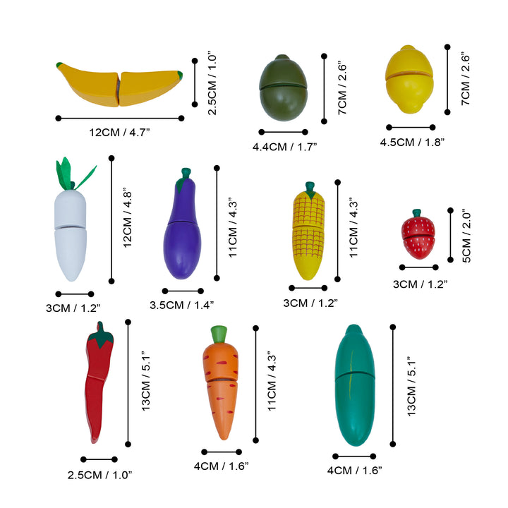 10 cuttable play food accessories are shown with their dimensions in inches and centimeters.