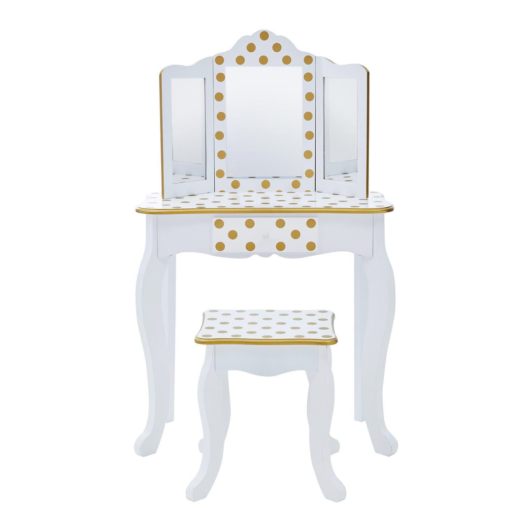 A Teamson Kids Gisele Polka Dot Vanity Playset, White / Gold with a stool.