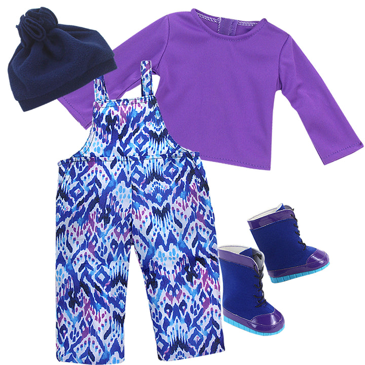 Sophia's - 18" Doll - Ikat Print Bib Snow Overalls, Purple T, Navy Fleece Hat & Boots Set - Blue