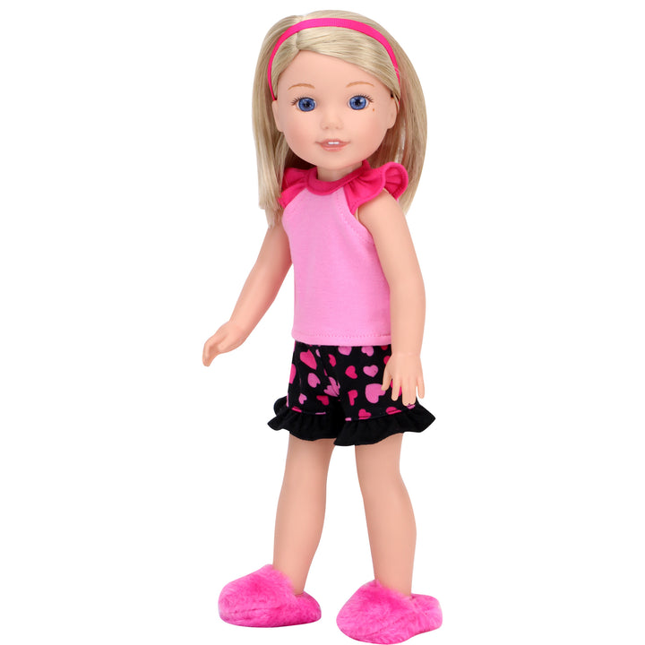 Sophia's - 14.5" Doll - Girl Pink & Black Heart Print Pajamas, Hair Tie & Fuchsia Fluffy Slippers - Hot Pink