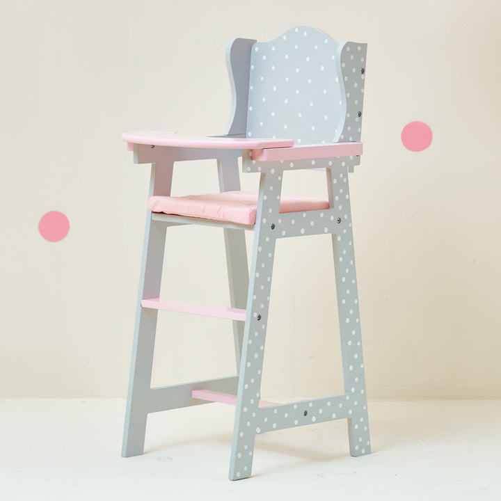 A pink and grey Olivia's Little World Polka Dots Princess Kids Baby Doll High Chair, Gray.