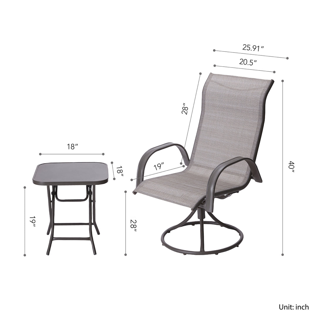 Dimensions in inches for the Teamson Home Outdoor 3-Piece Swivel Chairs and Table, Tan