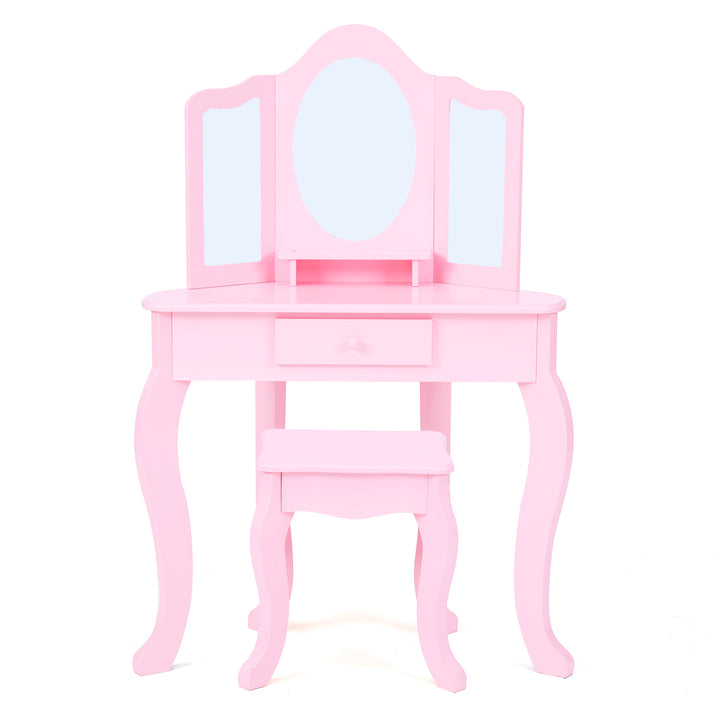 A pink vanity table and stool with a tri-fold mirror.