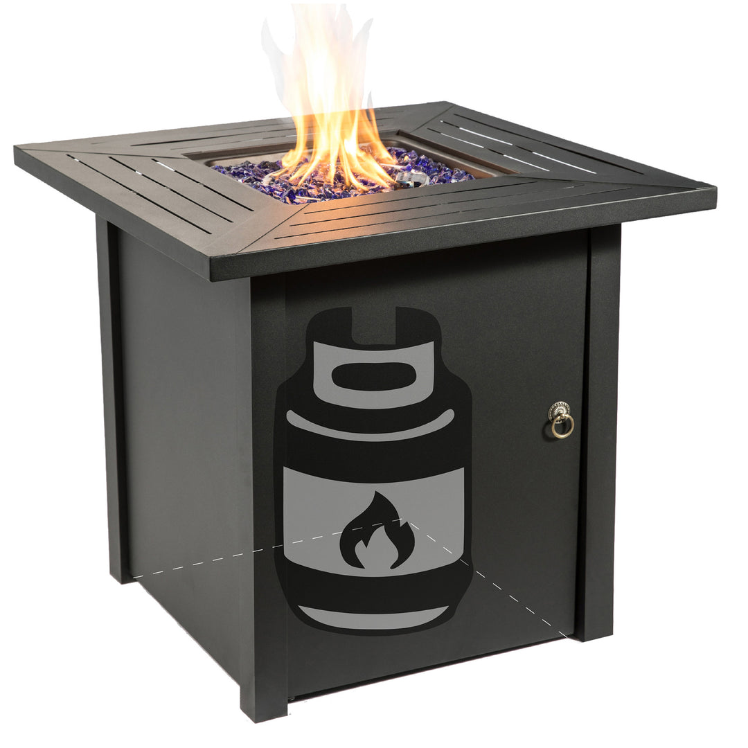 A Teamson Home Outdoor Square 30" Propane Gas Fire Pit with Steel Base with visible flames and a storage compartment for the gas tank.