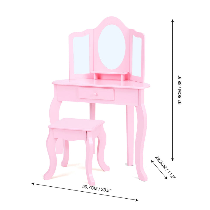 The dimensions in inches and centimeters  of a pink vanity table and stool with a tri-fold mirror.