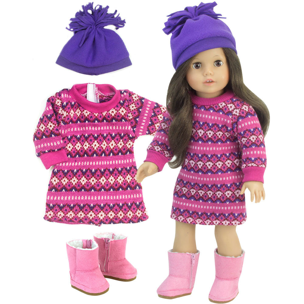 Sophia's - 18" Doll - Pink Fair Isle Dress, Purple Hat