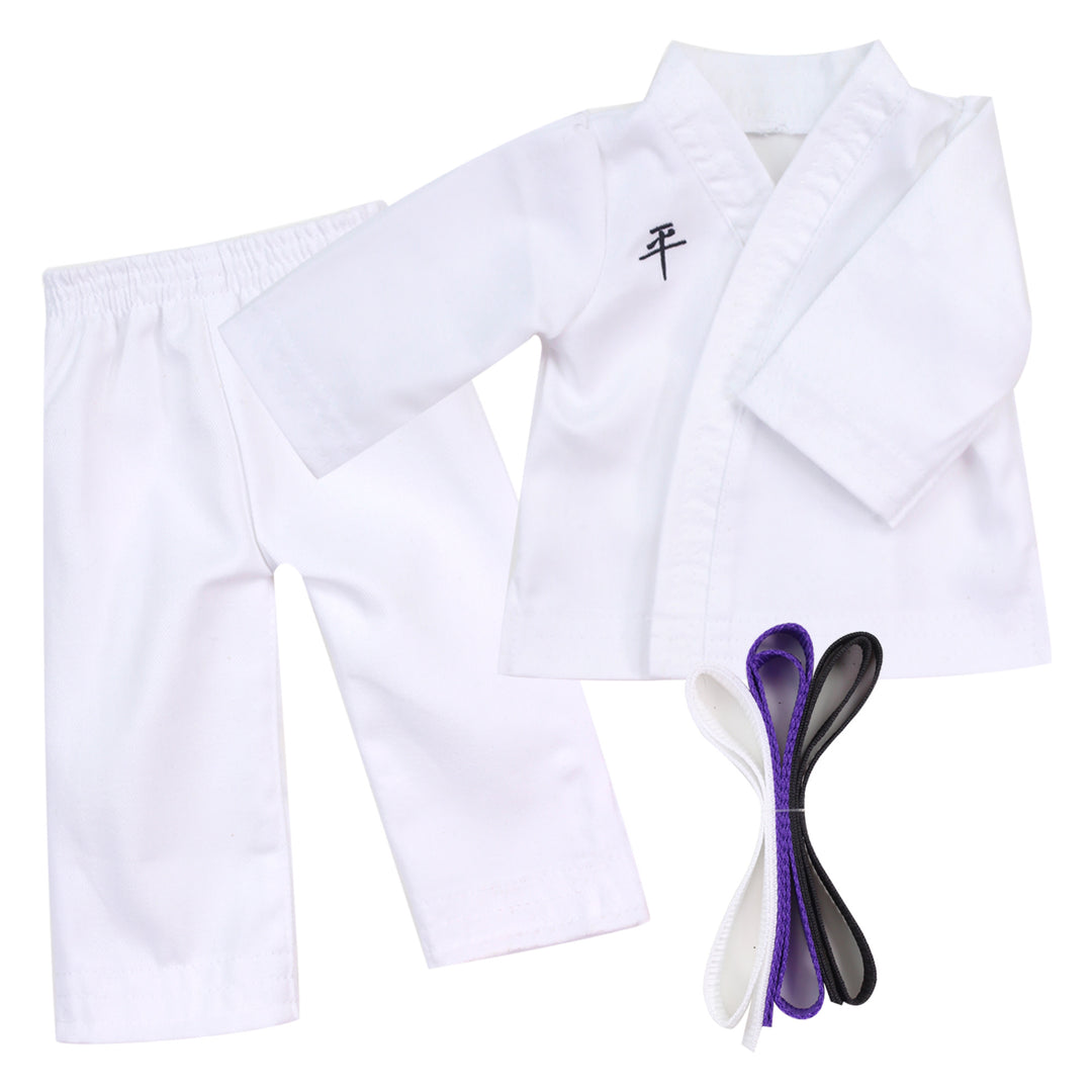 Sophia’s Gender-Neutral Judo Tae Kwon Do Karate Martial Arts Gi Uniform with White, Purple, & Black Belts for 18” Dolls, White