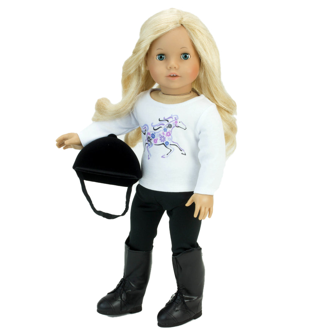 Sophia's - 18" Doll - Purple Horse T, Black Leggings, Black Riding Helmet & Black Riding Boots - White