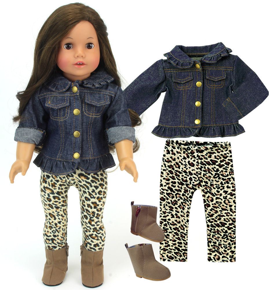 Sophia's - 18" Doll - Ruffle Denim Jean Jacket, Animal Print Leggings - Blue