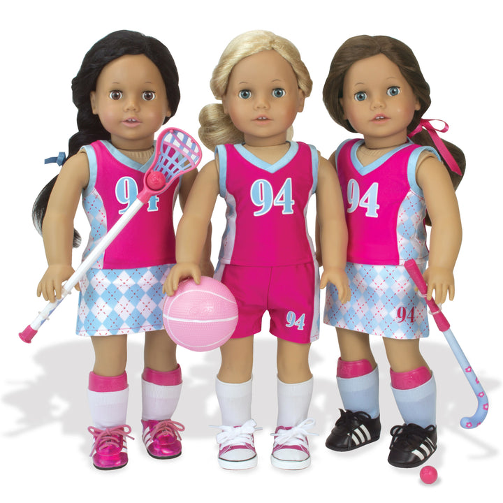 Sophia's 11 Piece Complete Sports Set with Uniform and Equipment for 18" Dolls, Pink/Blue