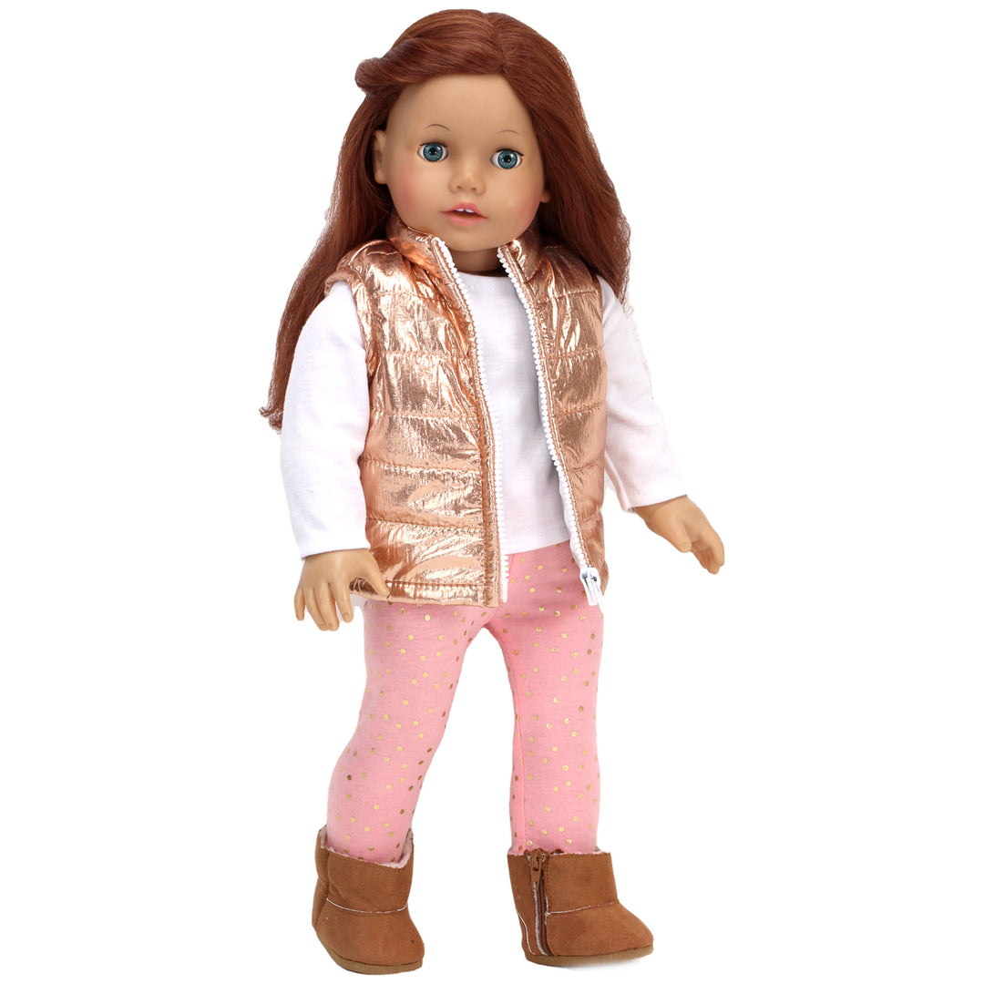 Sophia’s Metallic Zip-Up Vest, Peach Leggings with Gold Polka Dots, White Long-Sleeved T-Shirt, & Ugg-Inspired Booties Complete Outfit Set for 18” Dolls, Gold