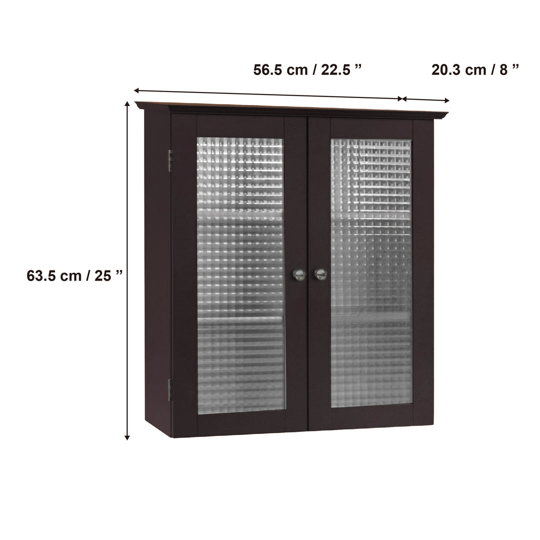 Teamson Home Chesterfield Removable Espresso Wall Cabinet with Waffle Glass with dimensions in inches and centimeters