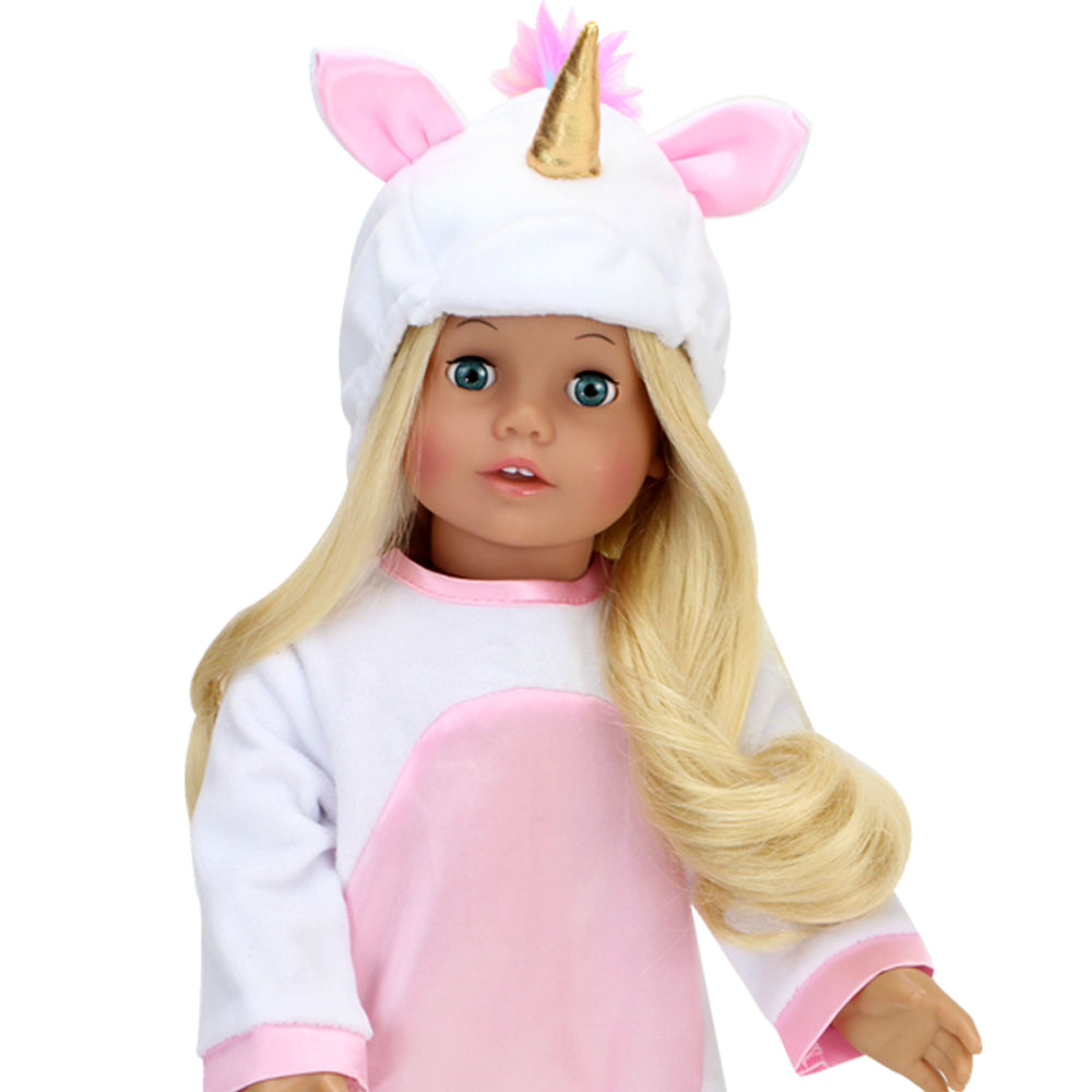 Sophia's Unicorn Costume and Hat with Rainbow Hair for 18" Dolls, White