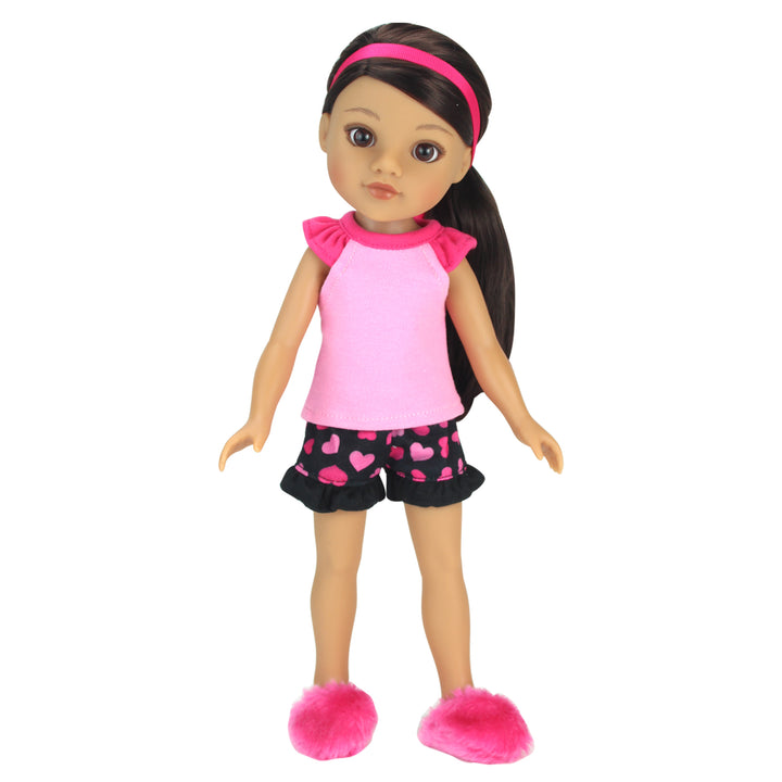 Sophia's - 14.5" Doll - Girl Pink & Black Heart Print Pajamas, Hair Tie & Fuchsia Fluffy Slippers - Hot Pink