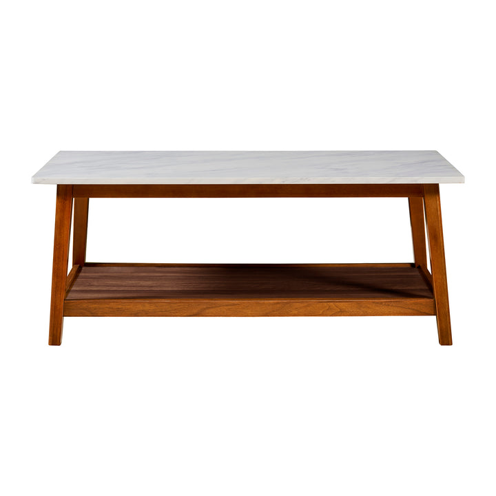 Teamson Home's Kingston Wooden Coffee Table with Faux Marble tabletop and Walnut-finished frame.