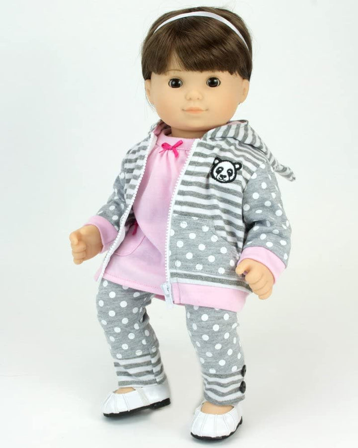 15" Doll with brunette hair and brown airs dressed in a pink tunic with a panda bear and gray polka dotted leggings and matching hooded sweatshirt