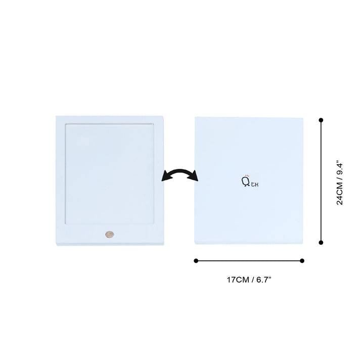 The dimensions as well as front and back view of the tablet are shown.