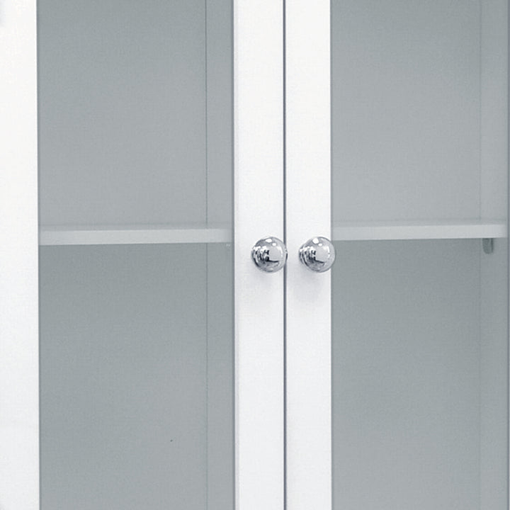 Close-up chrome knobs on the doors of the Teamson Home White Madison Removable Wall Cabinet with 2 Doors