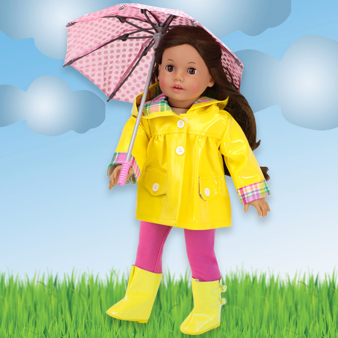 Sophia’s Cute Realistic Open-Close Polka Dot Umbrella Accessory for Rainy Days with Clear Strap Handle for 18” Dolls, Light Pink