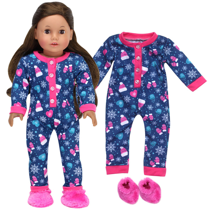 Sophia’s Hot Cocoa Print Long-Sleeved Winter Pajama Onesie with Matching Fuzzy Slippers Sleep Set for 18” Dolls, Navy/Hot Pink