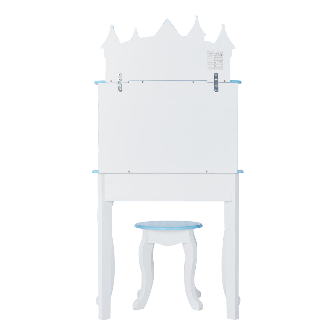 A white and blue Fantasy Fields Kids Dreamland Castle Vanity Set with Chair and Accessories desk with a stool.