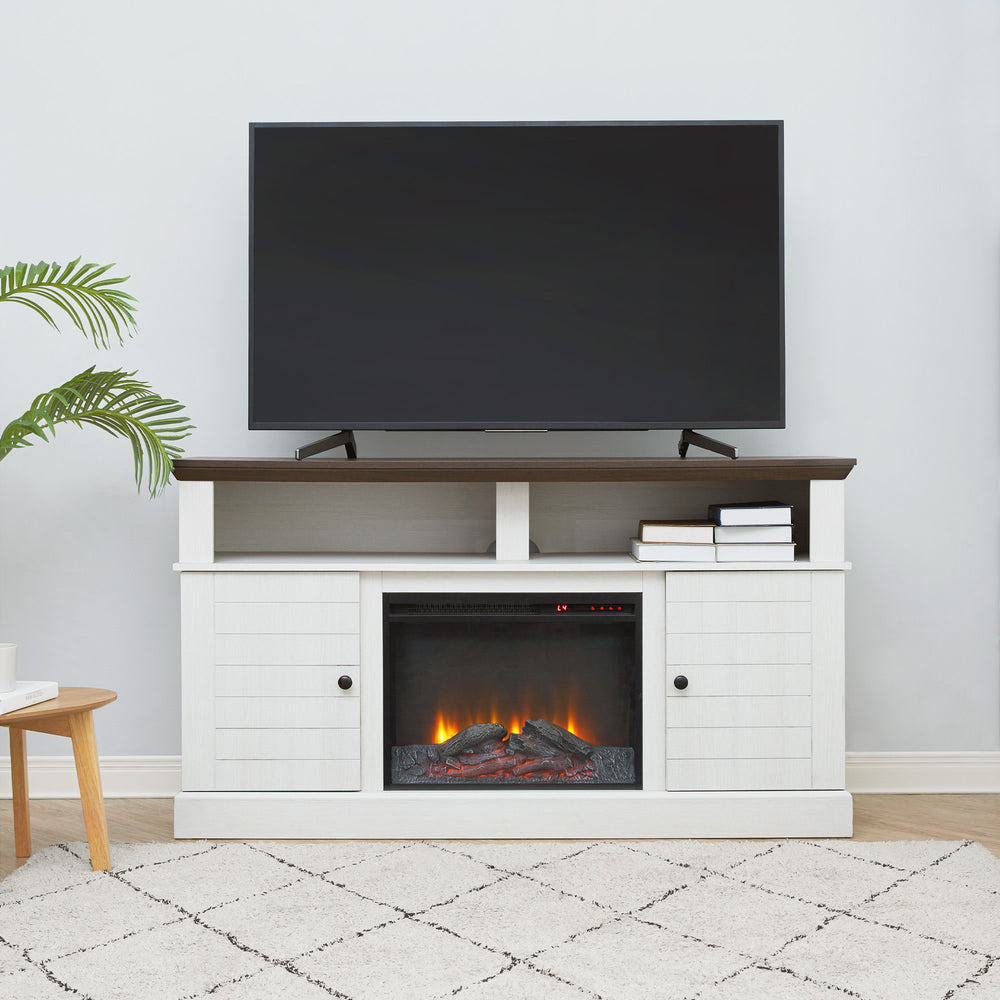 Teamson Home Eliana 60" TV Console Stand with Electric Fireplace for Flat Screen TVs up to 65", Dark Oak/White