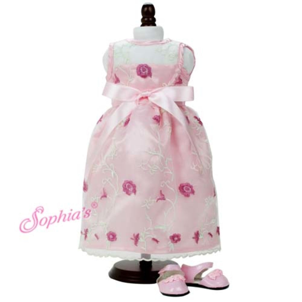 Sophia’s Embroidered Flower Sheer Overlay Fancy Special Occasion Spring Satin Dress for 18” Dolls, Light Pink