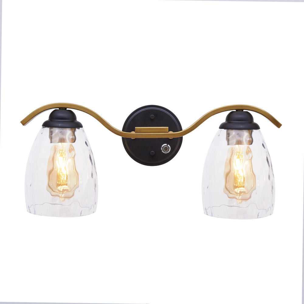 View of the three-stage dimmer on the backplate of the Teamson Home Heidi 2-Light Vanity Fixture with Clear Hammered Glass Cloche Shades, Black/Brass