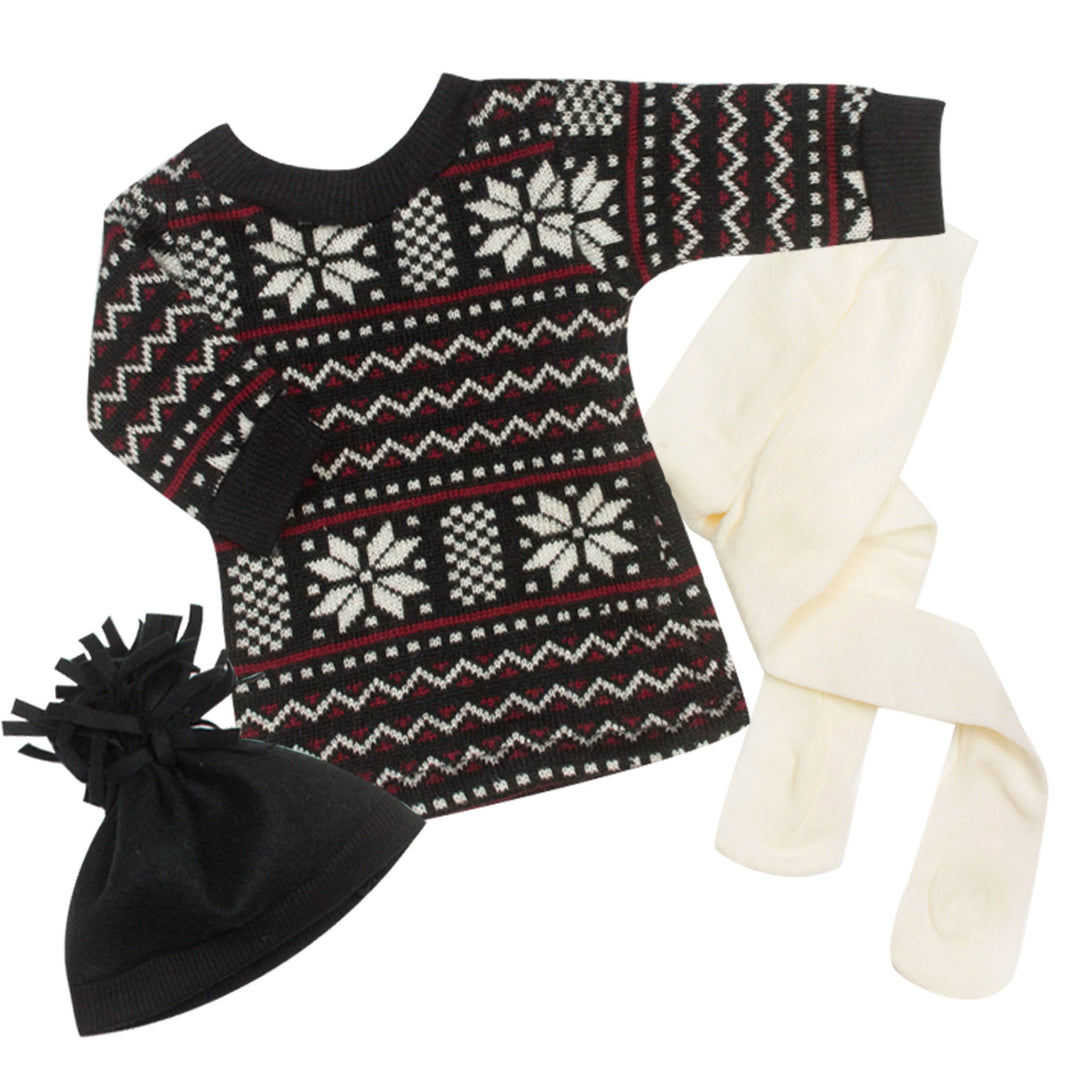 Sophia’s Long-Sleeved Knit Fair Isle Pattern Dress, Hat with Pom-Pom, & Tights Complete Outfit Set for 18” Dolls, Black/White