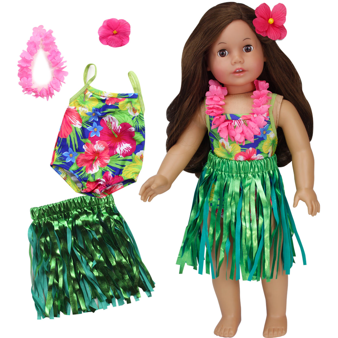 Sophia's - 18" Doll - Hawaiian Floral Bathing Suit, "Grass" Skirt, Floral Lei & Flower Hair clip