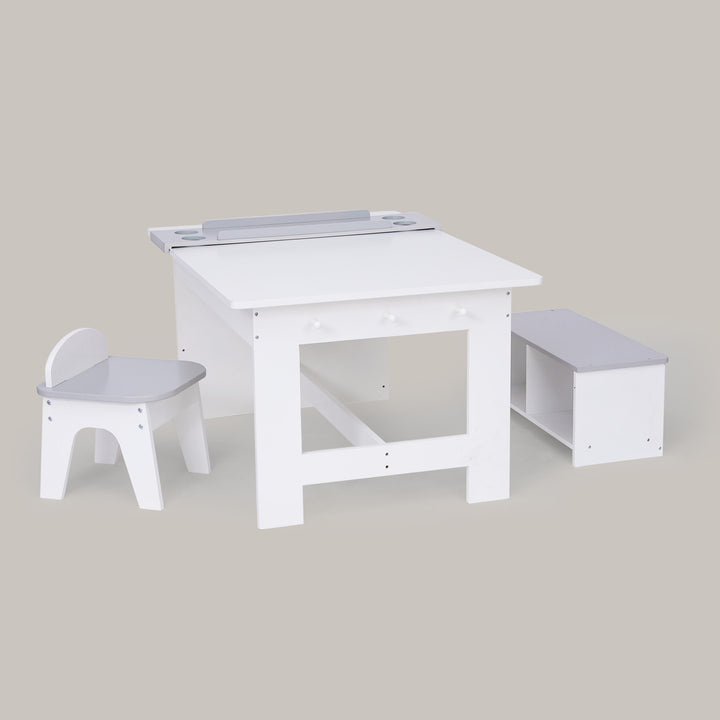 Fantasy Fields Little Monet Art Table with Paper Roll, Stool, Bench and More, White/Gray