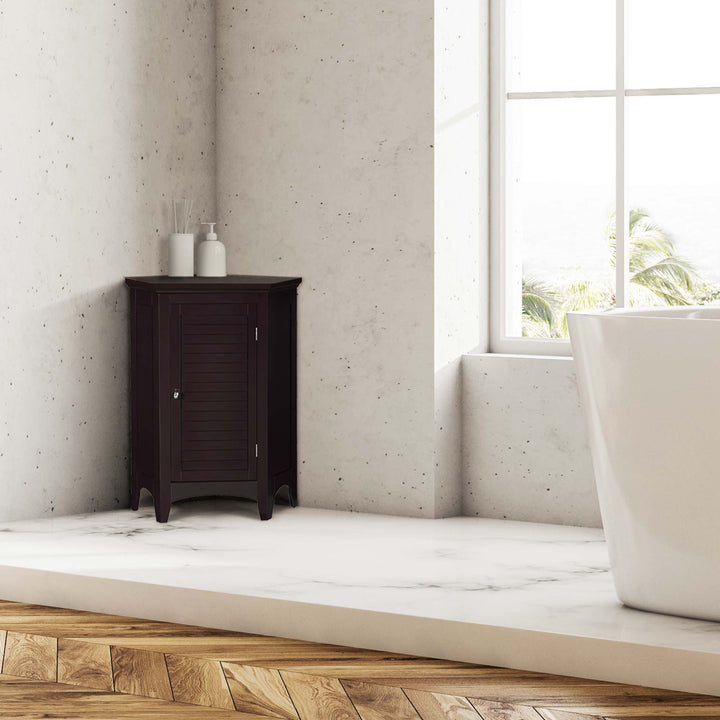 A modern bathroom with a freestanding bathtub and a Dark Brown Glancy Corner Floor Cabinet with a louvered door and a chrome knob