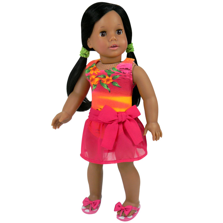 Sophia’s Seasonal One-Piece Sunset Design Bathing Suit & Sarong Cover-Up Skirt Summer Fun Outfit Set for 18” Dolls, Orange/Hot Pink