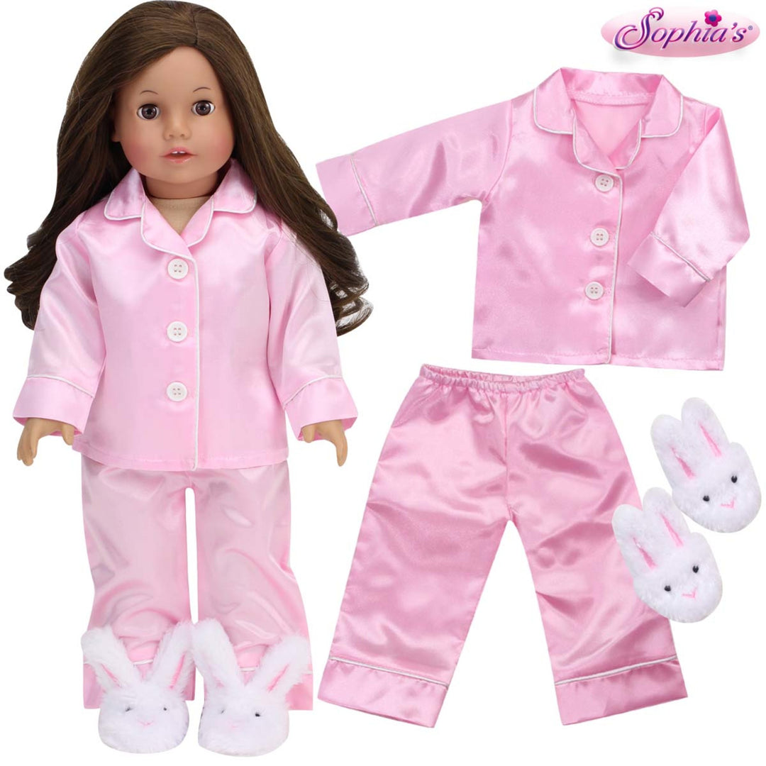 Sophia's Satin Pajama Top & Bottom Plus Bunny Slippers for 18" Dolls, Pink