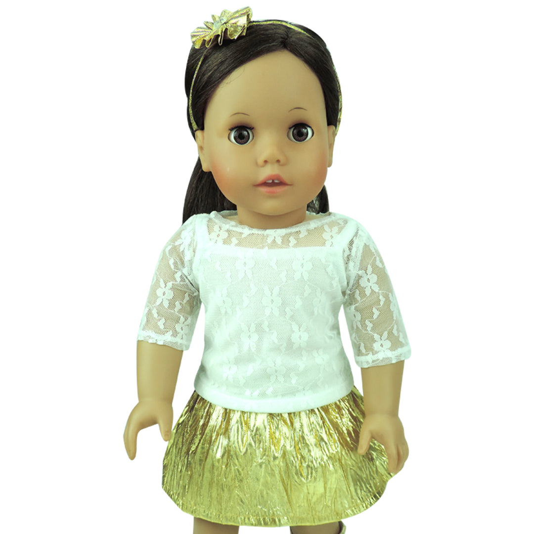 Sophia's 3 Piece Lace Shirt, Metallic Tutu Skirt and Matching Headband for 18" Dolls, Ivory/Gold