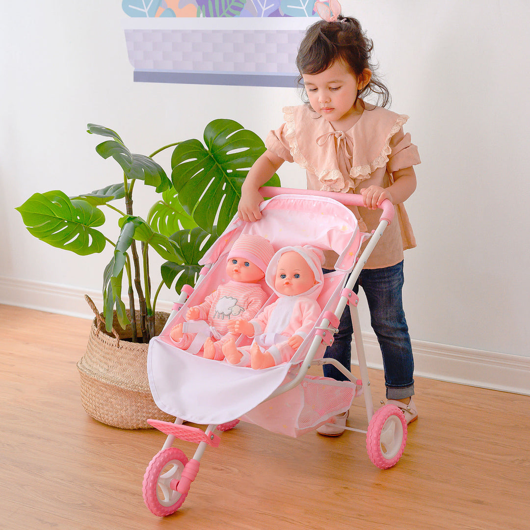 Olivia's Little World Twinkle Stars Princess Twin Baby Doll Stroller, Pink & White