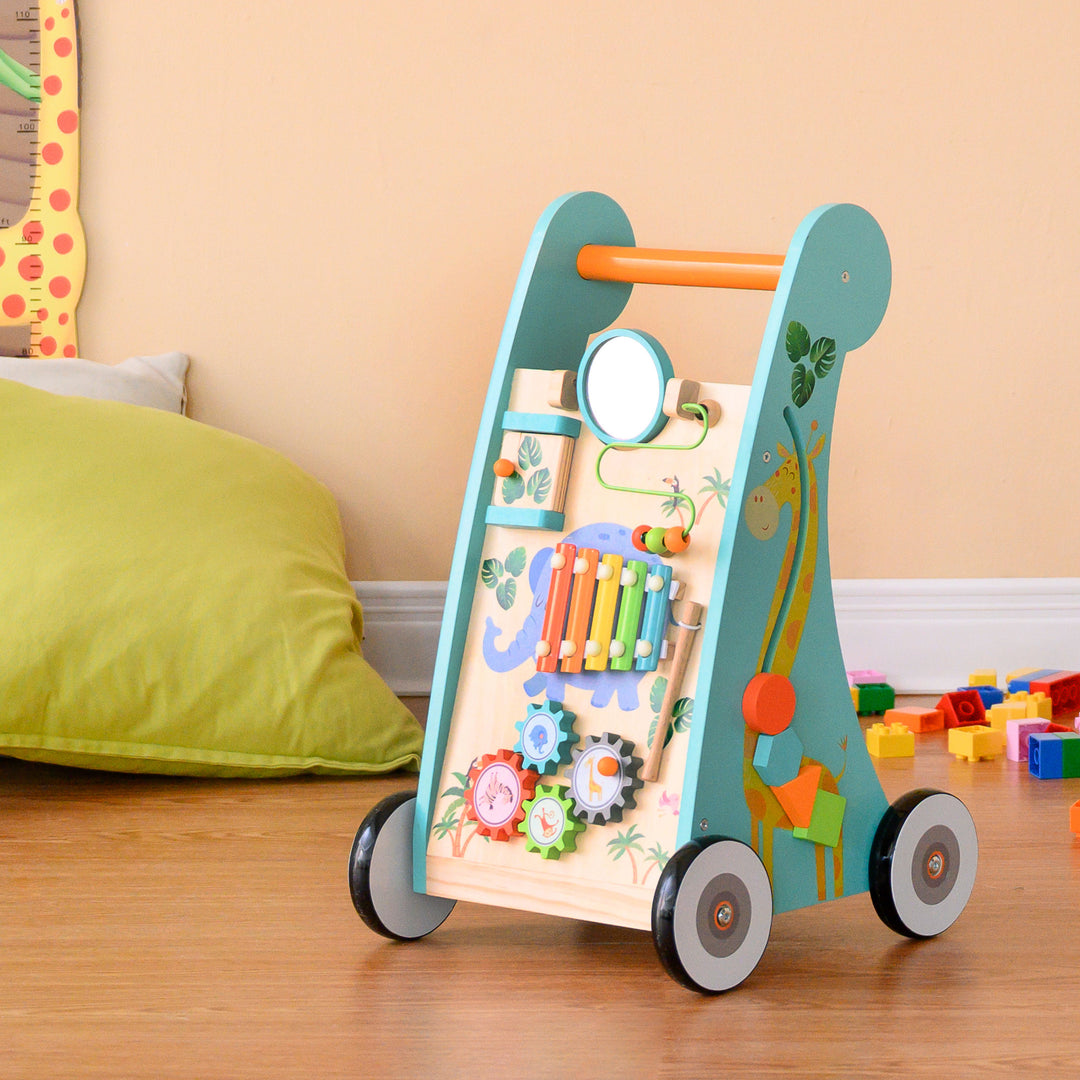 Colorful Teamson Kids Preschool Play Lab wooden baby walker with a mirror, door that opens and closes, beads on a wire path, a xylophone and twisting gears.