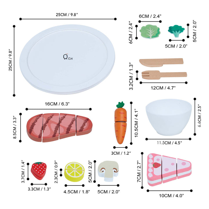 Each item from the Little Chef Frankfurt Wooden Cutting  set is shown with the dimensions.