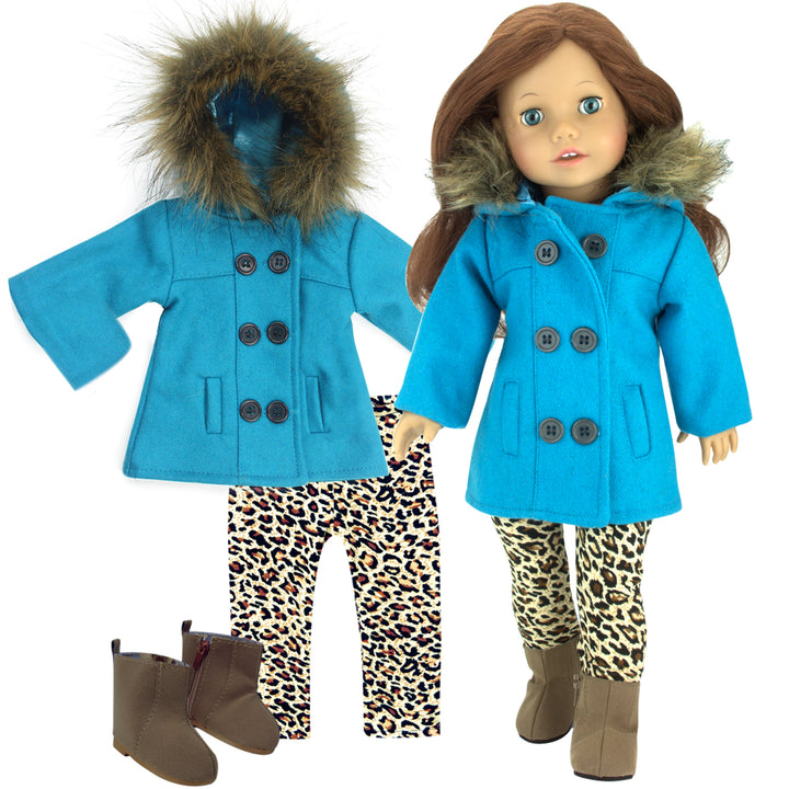 Sophia's 3 Piece Winter Set Includes faux fur Trimmed Pea Coat, Animal Print Leggings and Boots for 18" Dolls, Turquoise/Brown