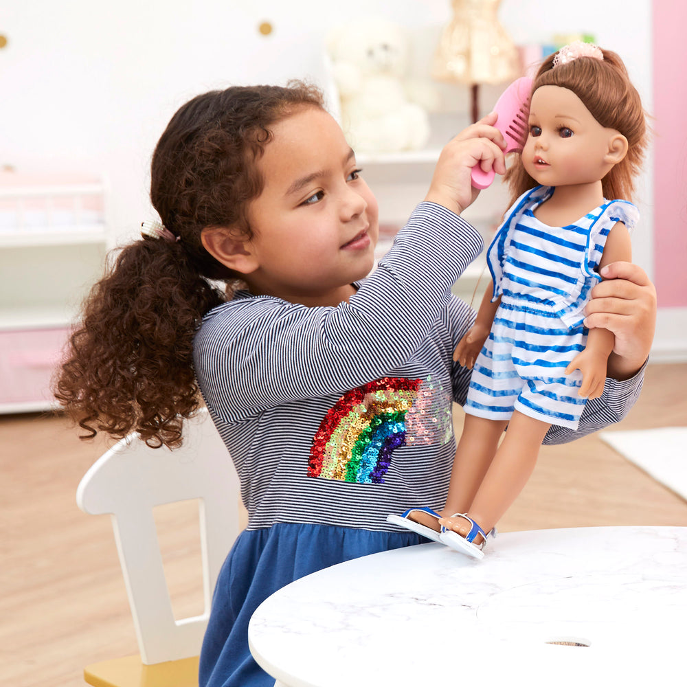 Sophia's Striped Ruffled Cap Romper and Sandals for 18" Dolls, Blue/White