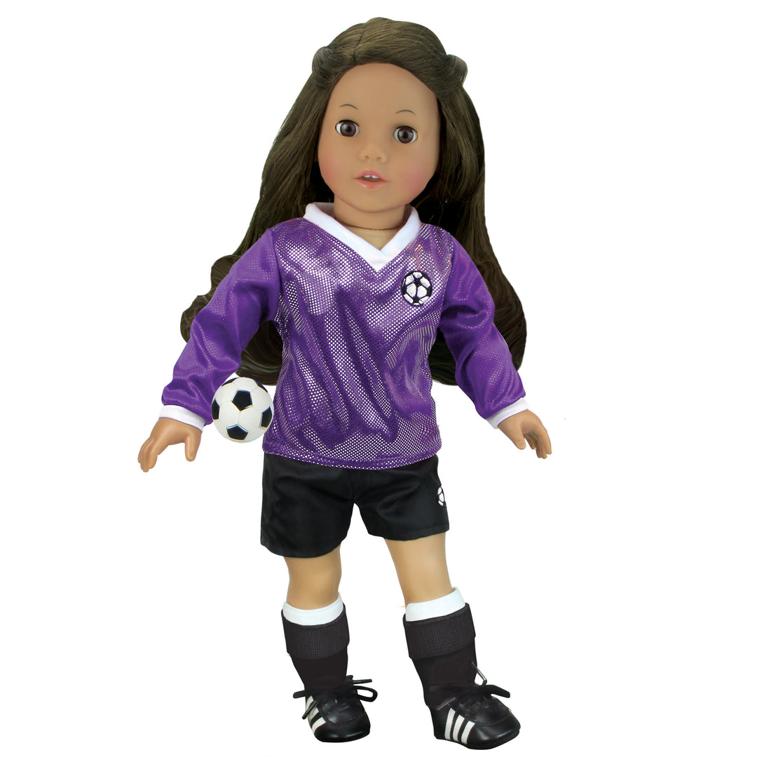 Sophia’s Shimmery Hot Pink Three-Piece Long-Sleeved V-Neck & Shorts Soccer Outfit & Ball Set for 18” Dolls, Purple/Black