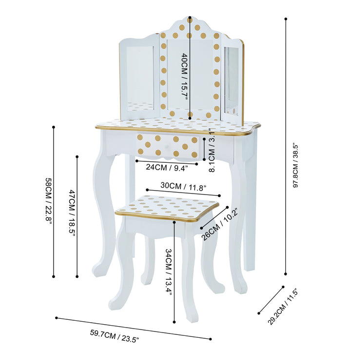 A Teamson Kids Gisele Polka Dot Vanity Playset, in white / gold with a stool.