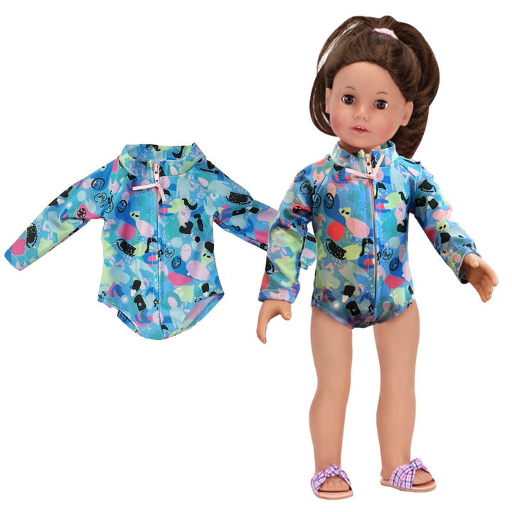 Sophia's Colorful Collage Print Long Sleeve Rash Guard Swimsuit for 18" Dolls, Blue