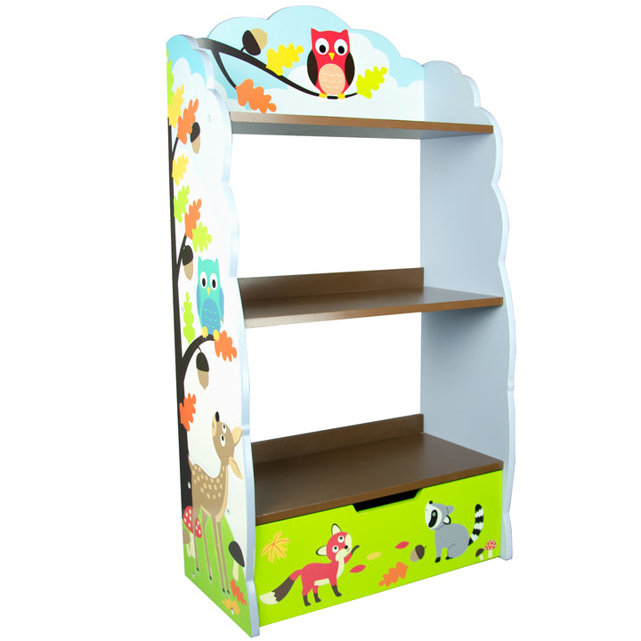 A child's bookshelf with illustrated woodland animals and a bottom shelf