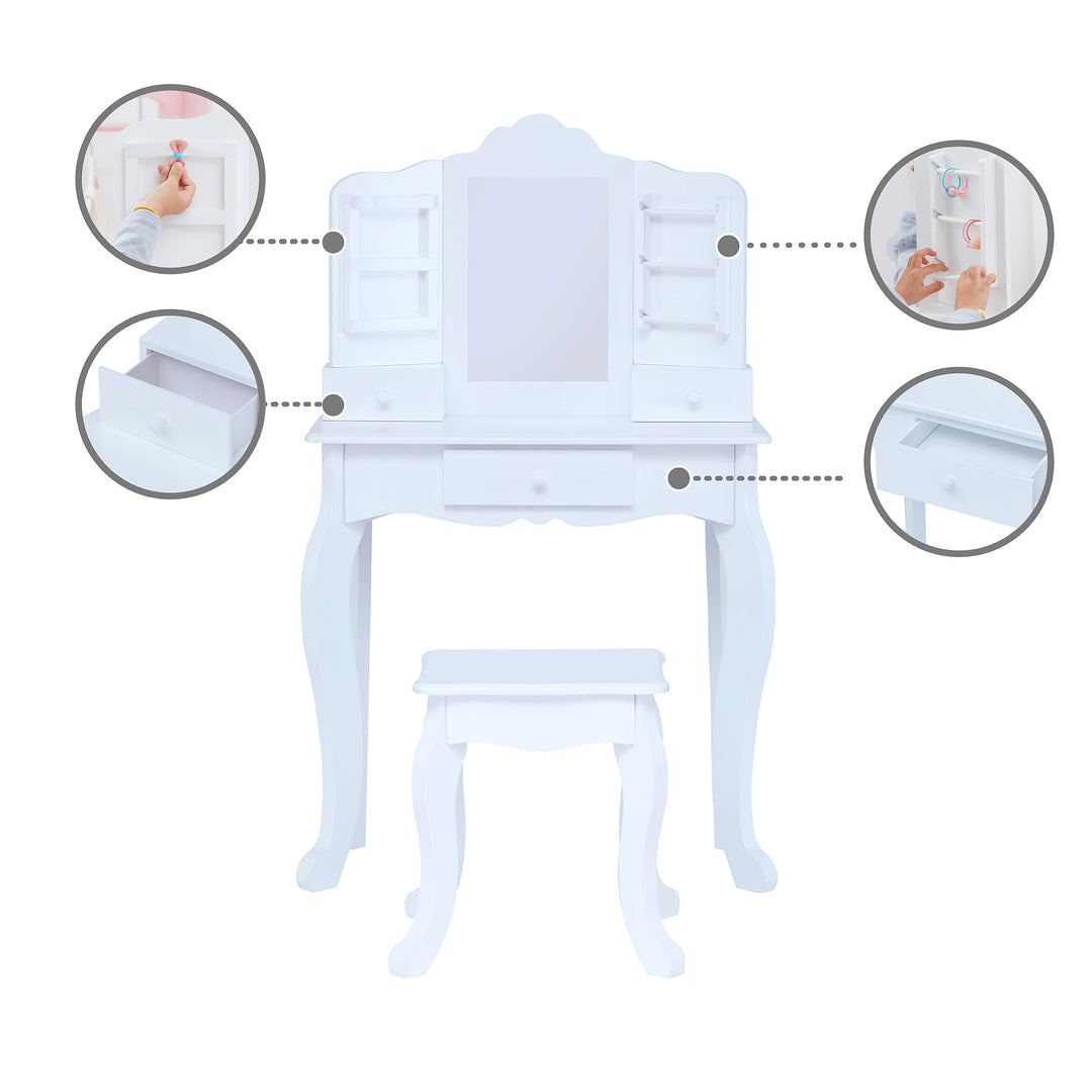 Callout features about the white vanity table include two photos of the storage drawers open and two photos of how to hang items