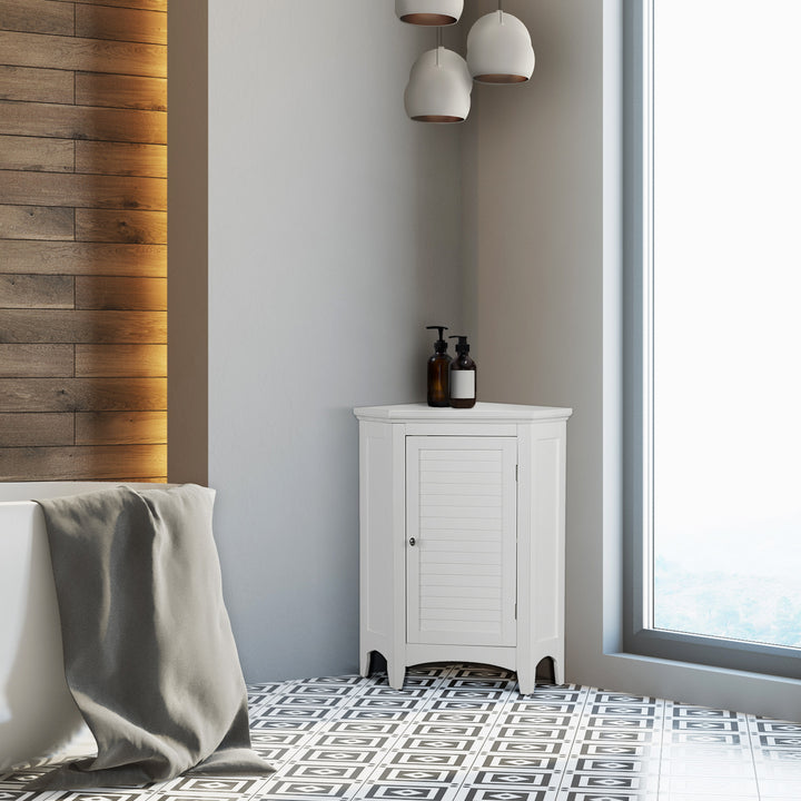 Modern bathroom corner with a freestanding bathtub, a White Glancy Corner Floor Cabinet with Louvered Door, Chrome Knob, and geometric floor tiles.