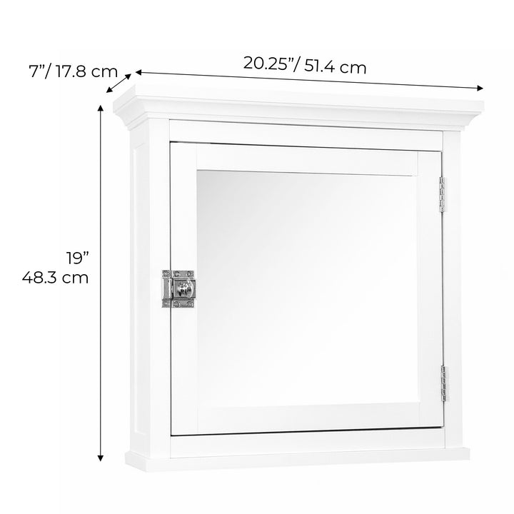 White Teamson Home Madison Removable Mirrored Medicine Cabinet with Crown Molded Top with dimensions labeled in inches and centimeters