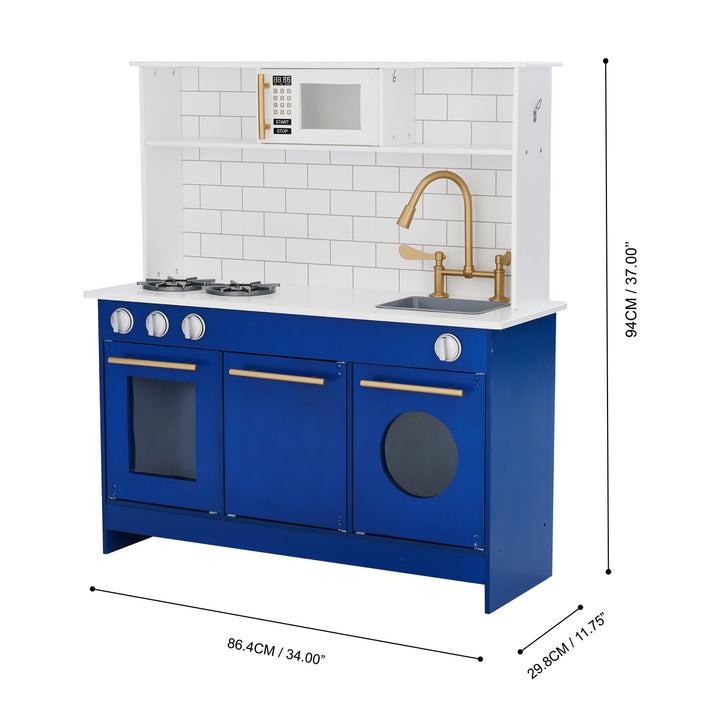 A Teamson Kids Little Chef Berlin Play Kitchen with Cookware Accessories, White/Blue with measurements indicating its dimensions in centimeters and inches.